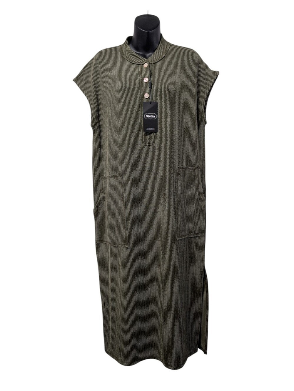Seetaa Olive Green Ribbed Knit Midi Dress Large Pockets Side Slits Collared NWT